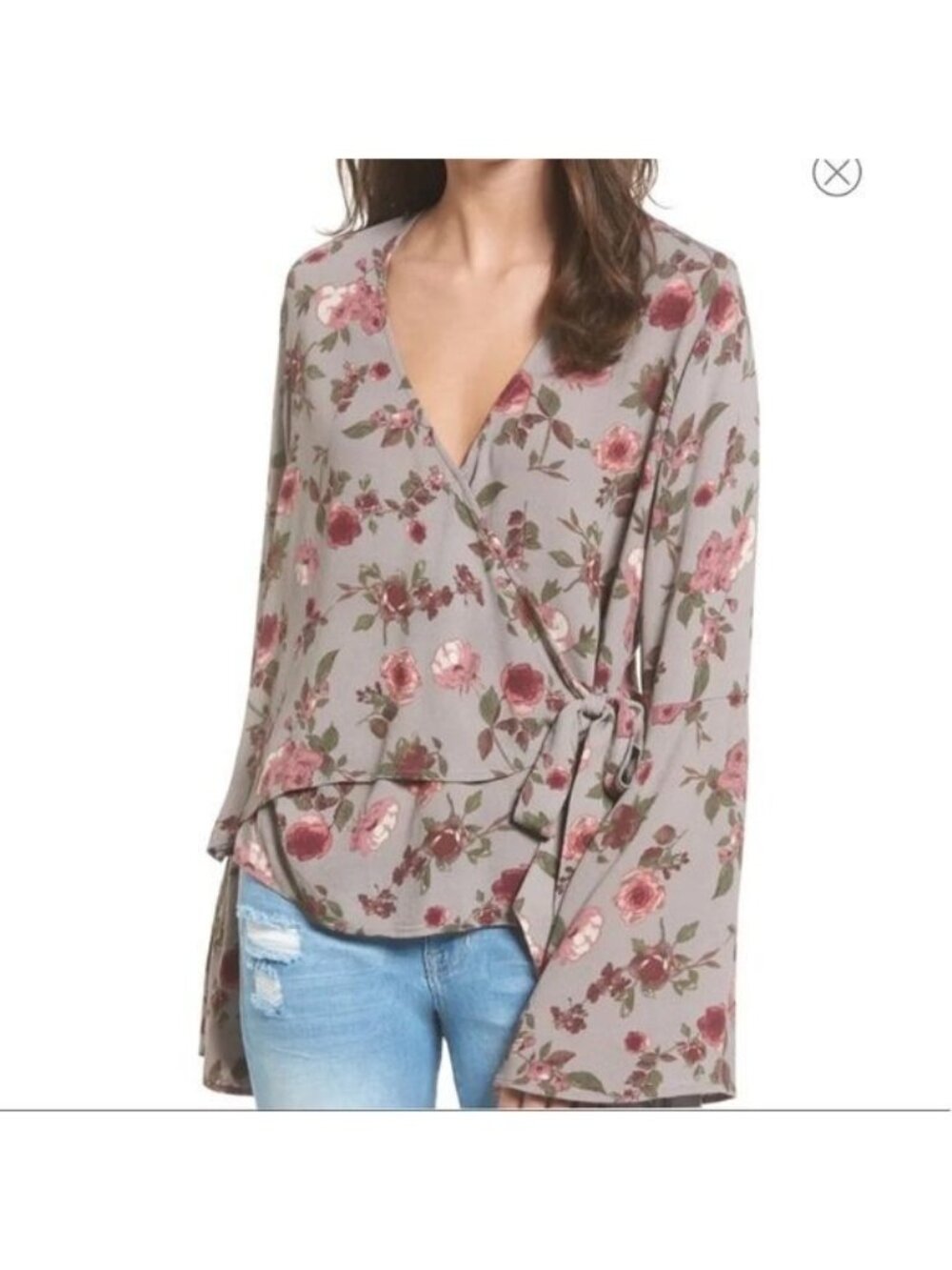 Bell sleeve wrap vintage rose floral blouse